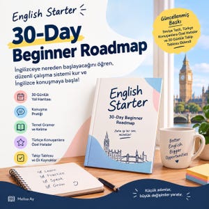 May include: A book titled English Starter 30-Day Beginner Roadmap with a blue and white cover featuring a line drawing of Big Ben. Beside it sits a white mug with the text Better English Bigger Opportunities and a spiral notebook with handwritten notes.