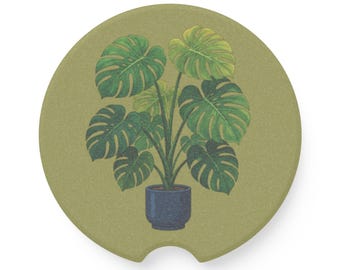 Monstera Plant Car Coaster | Soapstone Drink Holder for Cup Holder