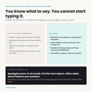 May include: A digital interface graphic with the headline: You know what to say. You cannot start typing it. It features two side-by-side boxes comparing a pack of email templates to this tool, and a bottom black box stating the rule: Apologize once, in six words. Put the next step in, with a date. Send it before you reread it.
