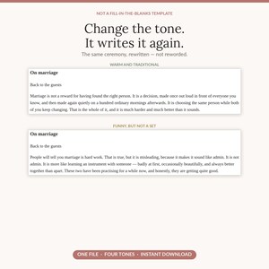 Op de afbeelding: Een digitaal sjabloondocument getiteld Change the tone. It writes it again. The same ceremony, rewritten — not reworded. Het bevat twee tekstblokken met het label On marriage met verschillende tonen, en een knop onderaan met de tekst ONE FILE · FOUR TONES · INSTANT DOWNLOAD.