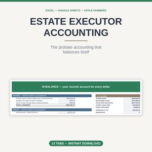 May include: Estate executor accounting spreadsheet template for Excel, Google Sheets, and Apple Numbers. Features a dashboard with sections for charges, credits, and an at-a-glance summary. Includes 13 tabs for tracking probate assets, claims, and distributions.