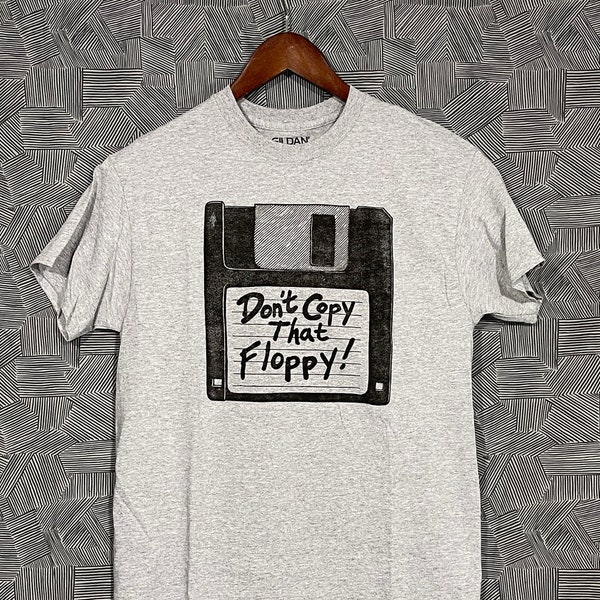 Floppy Copy! - Hand Printed, Relief Block T-Shirt - 90’s Vintage Anti-Piracy Campaign Inspired