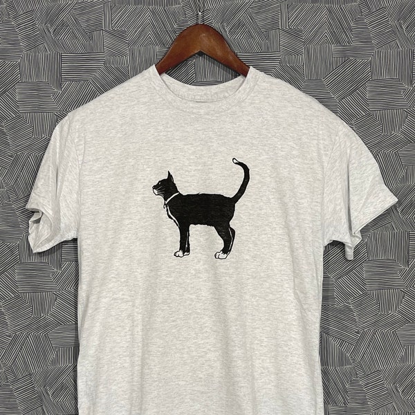 Black Cat! - Hand Printed, Relief Block T-Shirt - Martha's Vineyard Black Dog Parody