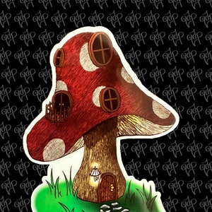 May include: A whimsical illustration of a mushroom house with a red cap, white polka dots, and brown accents. The house has windows and a door, and is surrounded by green grass and a stone path.