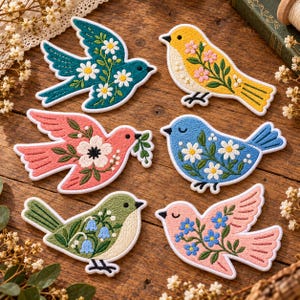 Floral Bird Embroidered Patch, Cottagecore Wildflower Iron On, Vintage Bird Applique for Jackets, Birds Lover Gifts