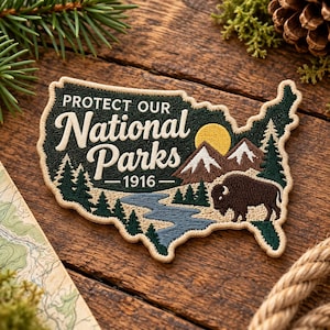May include: An embroidered patch shaped like the United States map featuring a dark green background, a yellow sun, brown mountains, a blue river, and a brown bison. The text reads PROTECT OUR National Parks 1916 in white and cream lettering.