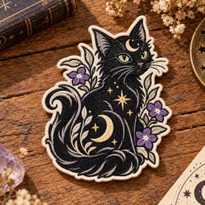 Celestial Black Cat Embroidered Patch, Mystical Moon and Stars Iron On Patch, Gothic Witchy Floral Applique, Cats Lover Gifts