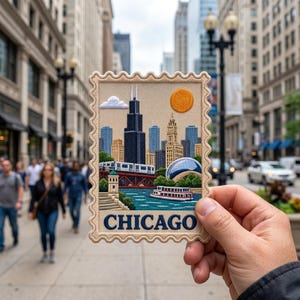 May include: A rectangular embroidered patch shaped like a postage stamp featuring a detailed Chicago skyline illustration with the Willis Tower, a train on a bridge, a boat on the river, and the text CHICAGO in bold blue letters.