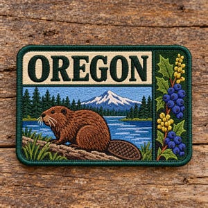 Oregon Beaver Embroidered Patch, Vintage Wildlife Iron On Patch, Mountain Nature Applique for Jackets, Hiking Gifts
