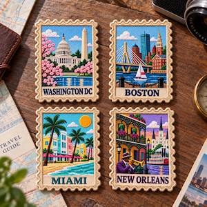 May include: Four rectangular postage stamp-style patches featuring illustrations of Washington DC, Boston, Miami, and New Orleans. Each patch has a scalloped border and displays iconic city landmarks, including the Capitol, a sailboat, palm trees, and a jazz musician.