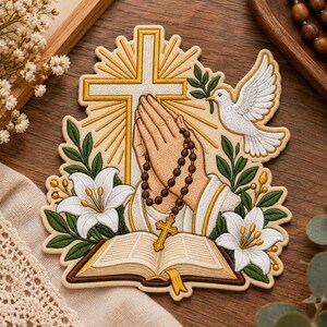 Christian Prayer Embroidered Patch, Vintage Catholic Cross Iron On Patch, Bible Dove Floral Applique for Tote Bags