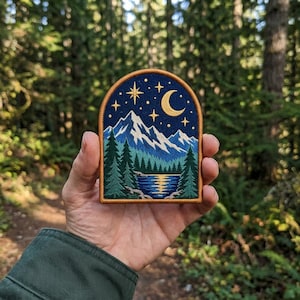 Mountain Night Embroidered Patch, Moonlit Lake Iron On Patch, Crescent Moon for Hiking Backpacks
