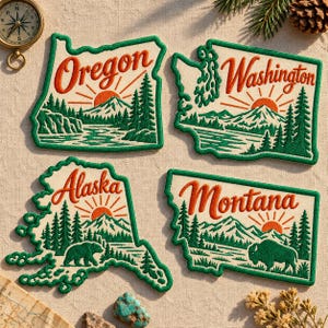 State Map Embroidered Patch, Travel Souvenir Iron On Patch, Oregon, Washington, Alaska, Montana Applique