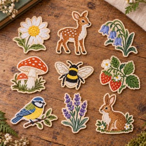 May include: A collection of nine embroidered patches featuring nature themes including a white daisy, a brown fawn, blue bellflowers, red mushrooms, a bumblebee, strawberries, a blue tit bird, lavender, and a brown rabbit.