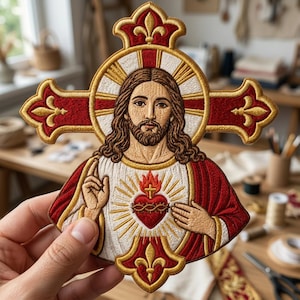 May include: An embroidered patch featuring a central figure with long brown hair and a beard, set against a red and gold cross. The figure wears white and red robes, displaying a radiant heart with a crown of thorns and a small cross.