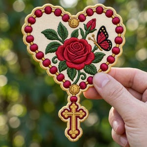 Floral Rosary Heart Embroidered Patch, Catholic Rose Iron On Patch, Religious Butterfly Applique for Jackets