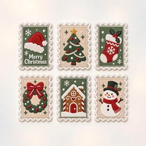 May include: Six rectangular embroidered patches with scalloped edges featuring Christmas themes: a red Santa hat with Merry Christmas text, a decorated pine tree, a red stocking, a green wreath with a red bow, a gingerbread house, and a snowman.