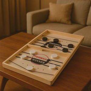 Op de afbeelding: Een houten tafelspelbord met een rechthoekig frame en een centrale verdeler. Het oppervlak heeft zwarte lijnen en twee cirkelvormige logo's met de tekst FOOSBALL WINNER. Er liggen vijf witte ronde schijven aan de ene kant en vijf zwarte schijven.