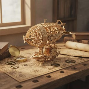 May include: A light-colored wooden model of an airship featuring intricate gear mechanisms, a central gondola, and small wheels. The model is displayed on a map-patterned surface alongside a brass compass and several loose wooden gear components.