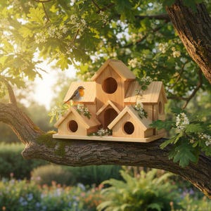 Op de afbeelding: Een houten vogelhuis met meerdere niveaus in een natuurlijke lichtbruine afwerking, voorzien van drie aparte zadeldaksecties en ronde invliegopeningen. Een kleine vogel met een grijze rug en oranje borst zit op het dak van het vogelhuis.