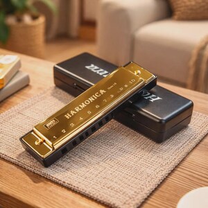 Pode incluir: Uma harmónica de cor dourada com dez orifícios numerados e o texto "HARMONICA" e "Mini 10" impresso na superfície superior. O instrumento repousa na diagonal sobre um estojo retangular preto com um logótipo branco na tampa.