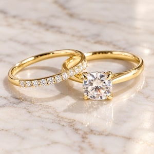 IGI Certified Cushion Cut Lab Grown Diamond Ring Set, 14K Yellow Gold, Wedding Band