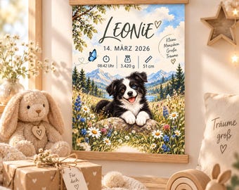 Personalized birth poster with name | Nursery picture Border Collie | Birth data poster | Gift for birth or christening | Wooden strip
