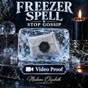May include: A rectangular block of clear ice containing a small, folded paper envelope sealed with a dark wax snowflake emblem. The text FREEZER SPELL STOP GOSSIP appears above, with a Video Proof button and Madame Elizabeth below.
