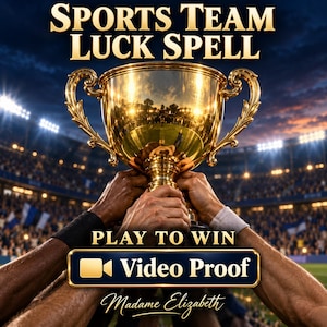 May include: A gold trophy held high by multiple hands against a stadium background. Text reads: SPORTS TEAM LUCK SPELL, PLAY TO WIN, Video Proof, and Madame Elizabeth. The trophy features ornate handles and a reflective surface showing stadium lights.