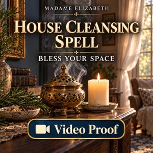 Puede incluir: Un quemador de incienso de metal dorado con recortes intrincados que emite humo, una vela de pilar blanca sobre un plato pequeño y un cuenco con hierbas. Texto: MADAME ELIZABETH HOUSE CLEANSING SPELL BLESS YOUR SPACE y Video Proof.