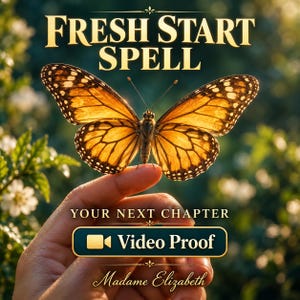 May include: A monarch butterfly with orange and black wings rests on a finger. Text reads: FRESH START SPELL, YOUR NEXT CHAPTER, Video Proof, and Madame Elizabeth. The design features gold lettering and a dark rectangular button with a camera icon.