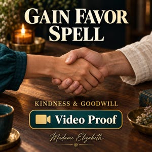 Peut inclure: Un graphique numérique avec le texte GAIN FAVOR SPELL, KINDNESS & GOODWILL et Video Proof avec une icône de caméra. L'image montre deux mains qui se serrent au-dessus d'une table en bois sombre, avec une bougie allumée et un petit bol.