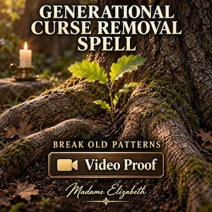 Puede incluir: Un pequeño brote verde crece en la base de un árbol grande con raíces cubiertas de musgo. Una vela blanca encendida descansa sobre un candelabro de latón al fondo. El texto dice: GENERATIONAL CURSE REMOVAL SPELL, BREAK OLD PATTERNS, Video Proof, Madame Elizabeth.
