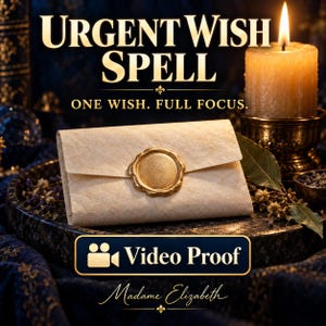 May include: A cream-colored textured paper envelope sealed with a gold wax seal. The text reads URGENT WISH SPELL, ONE WISH. FULL FOCUS., Video Proof, and Madame Elizabeth. A lit candle in a metal holder sits behind the envelope on a dark tray.