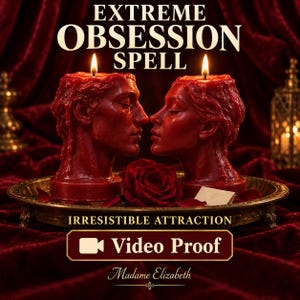 Puede incluir: Dos velas de cera roja con forma de cabezas humanas con mechas encendidas, colocadas sobre una bandeja dorada con una rosa roja y un sobre pequeño. El texto dice EXTREME OBSESSION SPELL, IRRESISTIBLE ATTRACTION, Video Proof y Madame Elizabeth.