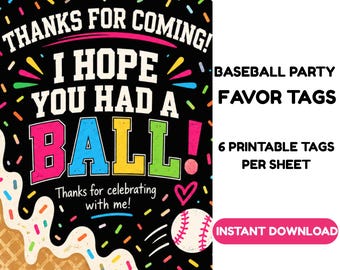 Baseball Drip Party Favor Tags, Printable Thank You Labels (Instant Download)