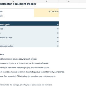 May include: A digital spreadsheet titled Subcontractor document tracker with a report date of 18 Oct 2026. It features a dashboard section for documents logged, not received, to review, expiring within 30 days, expired, and rows needing correction.