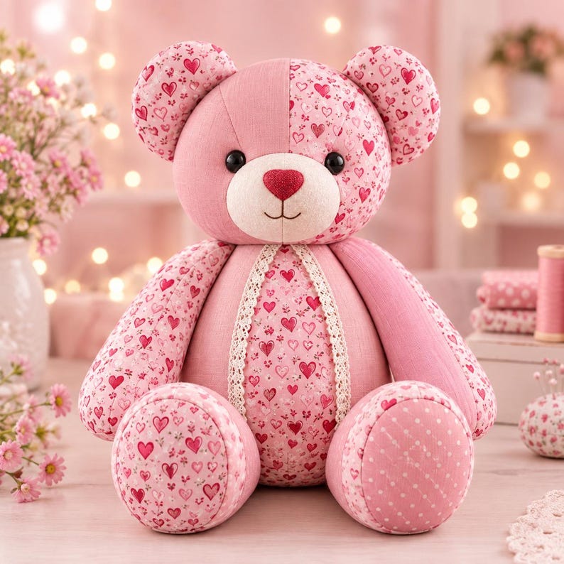 Pu&ograve; includere: Un orsacchiotto di peluche realizzato con vari tessuti rosa con motivi a cuore e sezioni rosa tinta unita. L'orso presenta occhi a bottone neri, un naso a forma di cuore rosa scuro e un bordo in pizzo color crema lungo il centro del busto.
