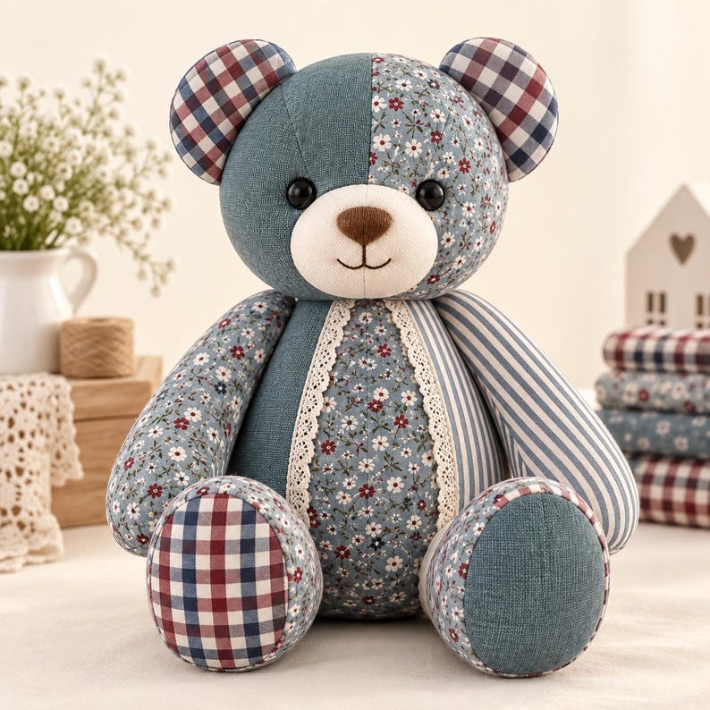 Pu&ograve; includere: Un orsacchiotto patchwork realizzato con vari motivi in tessuto, tra cui blu tinta unita, stampa floreale, strisce blu e bianche e un motivo a quadri rosso, bianco e blu. L'orso presenta occhi a bottone neri, un naso ricamato e finiture in pizzo.