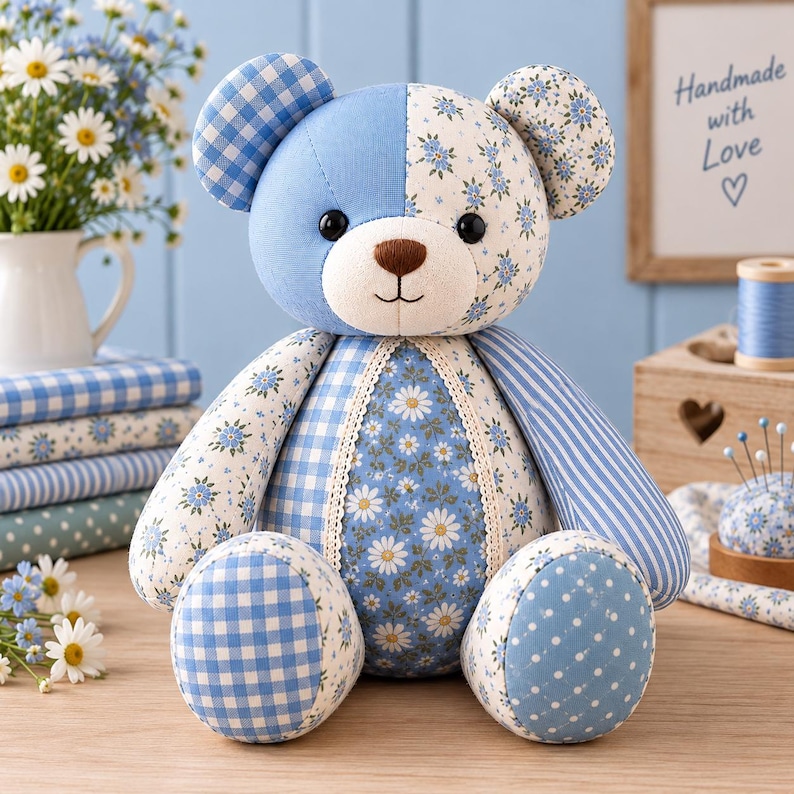 Pu&ograve; includere: Un orsacchiotto di peluche realizzato con vari tessuti blu e bianchi, caratterizzato da un mix di motivi a quadretti, floreali, a pois e a righe. L'orso ha occhi a bottone neri, un naso ricamato marrone e un muso color crema.