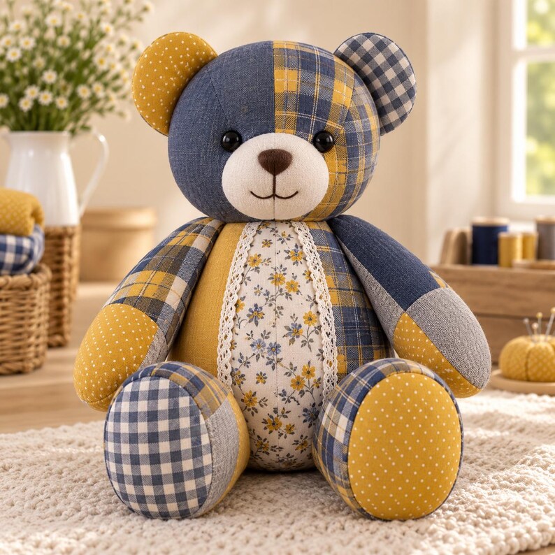 Pu&ograve; includere: Un orsacchiotto patchwork realizzato con vari tessuti a fantasia, tra cui denim blu, tartan giallo, pois bianchi e un pannello centrale con una piccola stampa floreale gialla e blu, rifinito con bordo in pizzo bianco e occhi a bottone.