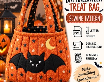 Modello di cucito per Halloween, modello di borsa tote trapuntata, borsa a forma di pipistrello, borsa per dolcetto o scherzetto, borsa tote di Halloween in PDF, formato A4 US Letter A0