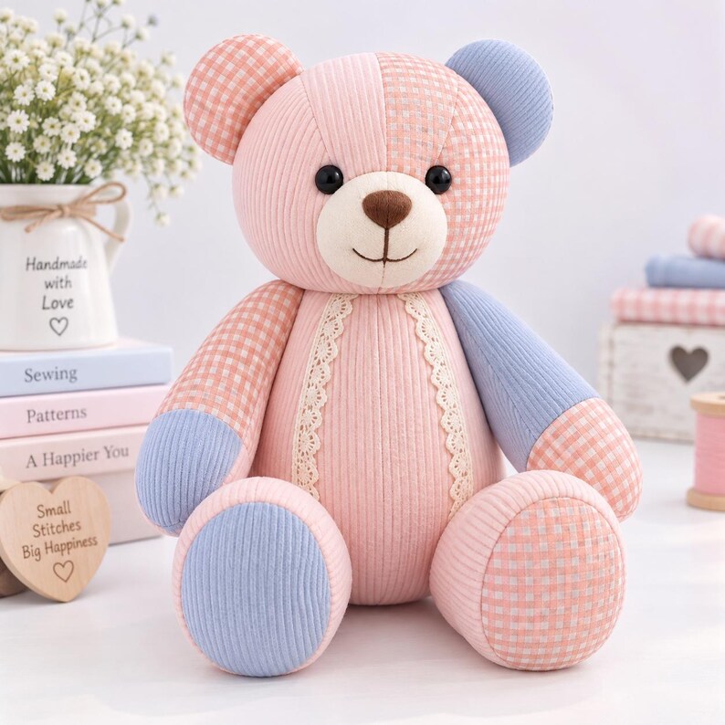 Pu&ograve; includere: Un orsacchiotto di peluche realizzato in tessuto patchwork nei toni del rosa pastello e dell'azzurro. L'orso presenta una consistenza in velluto a coste, un motivo a quadretti vichy sulle orecchie e sugli arti e un bordo in pizzo color crema.
