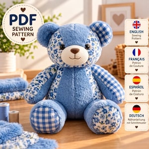 Memory Bear Sewing Pattern PDF, Teddy Bear Pattern, Keepsake Bear, Patchwork Bear, Stuffed Animal Pattern