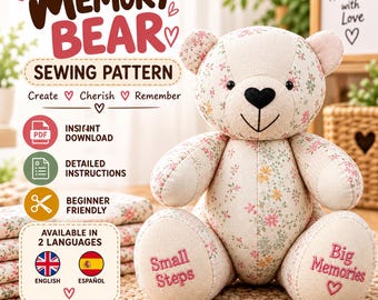 Nähvorlage für einen Erinnerungsbären, Patchwork-Erinnerungsbär, PDF-Datei mit Erinnerungsteddybär, Teddybär-Nähvorlage, Stoffbär-Schnittmuster