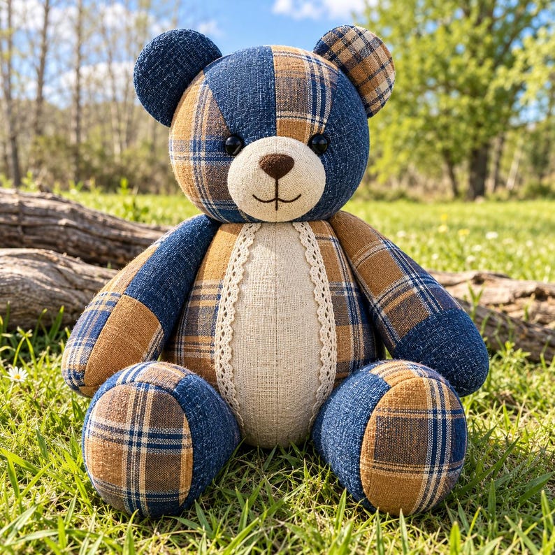Pu&ograve; includere: Un orsacchiotto di peluche realizzato in tessuto patchwork con un motivo a quadri blu e marrone chiaro. L'orso presenta una pancia in tessuto beige tinta unita rifinita con pizzo bianco, un muso beige con naso e bocca cuciti e occhi a bottone.