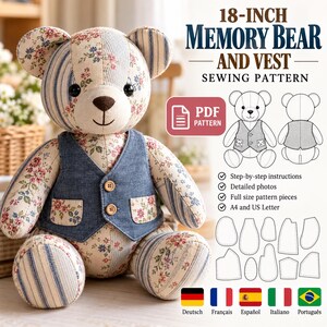 Puede incluir: Un oso de peluche hecho de tela de retazos con patrones florales y rayas azules, que lleva un chaleco de mezclilla azul con dos botones de madera. El texto dice 18-INCH MEMORY BEAR AND VEST SEWING PATTERN, incluyendo iconos PDF, diagramas y listas.