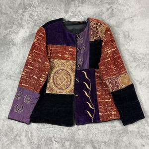 Vintage Julia Kim Patchwork Jacket Womens M Multicolor Embroidered Toggle Blazer