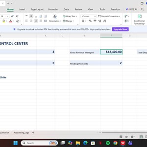 Op de afbeelding: Een digitaal spreadsheet met de titel TRUCK DISPATCH CONTROL CENTER met statistieken zoals Total Loads Booked 3, Gross Revenue Managed $12,400.00, Total Dispatch Revenue $670.00, Active Carriers 2, Pending Payments 2 en Quick Navigation Database Links.