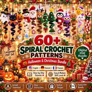 Peut inclure: Un ensemble numérique de plus de 60 modèles de crochet en spirale sur les thèmes d'Halloween et de Noël. La collection comprend des instructions pour des ornements crochetés tels que des fantômes, citrouilles, bonhommes de neige et rennes.